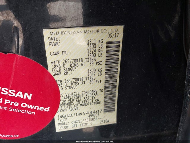 1N6AA1E51HN549407 Nissan TITAN SV