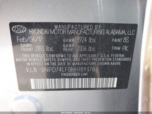 5NPD74LF0HH189378 Hyundai ELANTRA SE