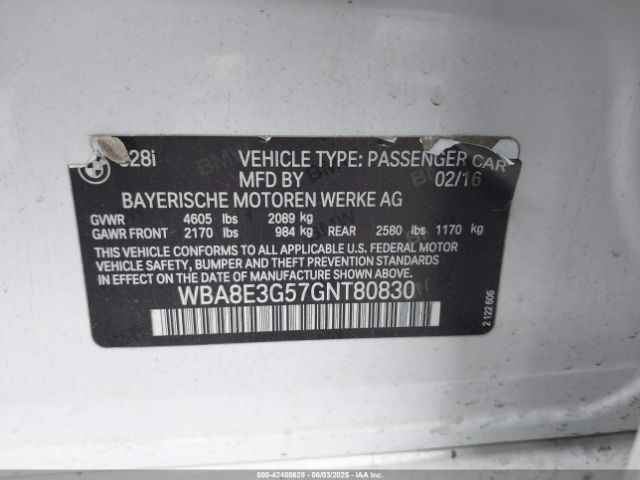 WBA8E3G57GNT80830 BMW 2016