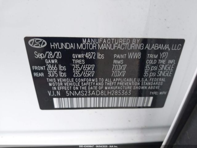 5NMS23AD8LH285363 Hyundai Santa Fe Se