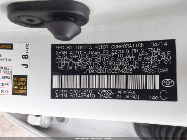 JTDKN3DU1E0374603 Toyota 2zr-fxe+3jm
