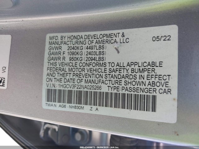 Honda lfb2 2022 1HGCV3F22NA025266 Image 9