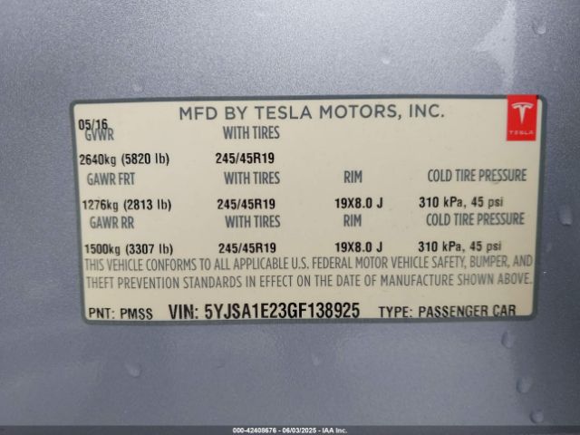 5YJSA1E23GF138925 Tesla 3 phase a/c induction (dual motor)