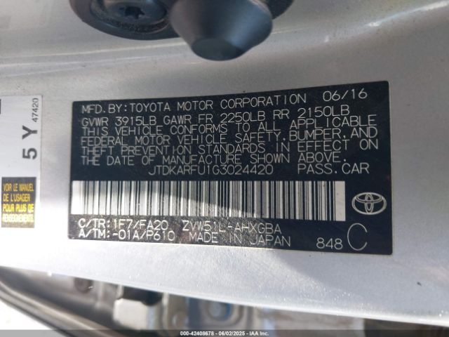 JTDKARFU1G3024420 Toyota Prius Four/four Touring/three/three Touring/two Eco