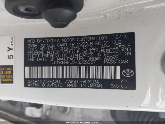 JTDKBRFU2H3035537 Toyota Prius Two