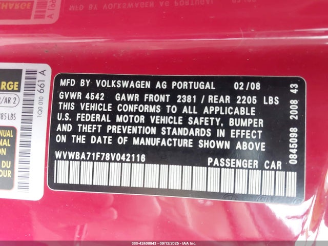42408843 :رقم المزاد ، WVWBA71F78V042116 vin ، 2008 Volkswagen Eos Komfort/turbo مزاد بيع