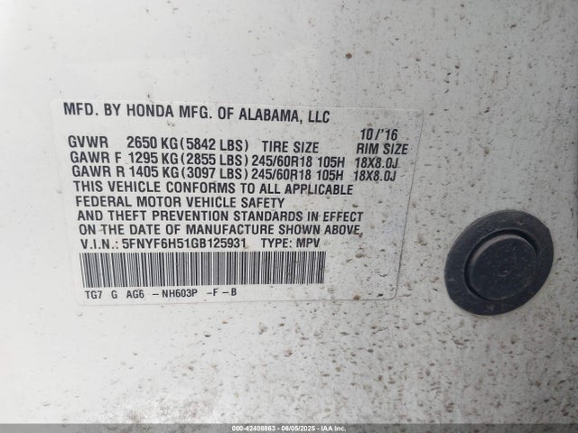 5FNYF6H51GB125931 Honda j35y6