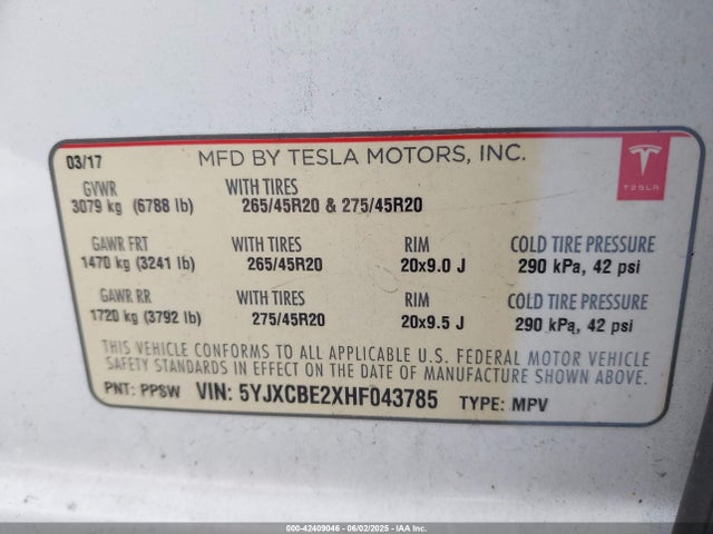 2017 TESLA MODEL X 5YJXCBE2XHF043785 Photo 8
