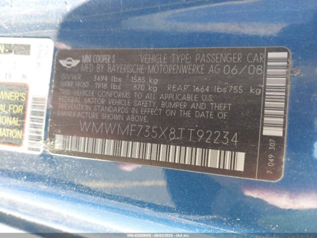2008 MINI COOPER S WMWMF735X8TT92234 Photo 8