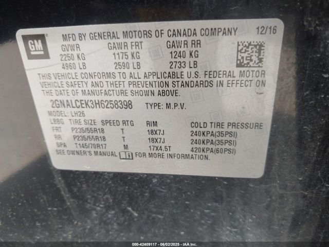 2GNALCEK3H6258398 Chevrolet EQUINOX LT
