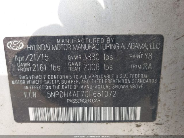 5NPDH4AE7GH681072 Hyundai ELANTRA SE