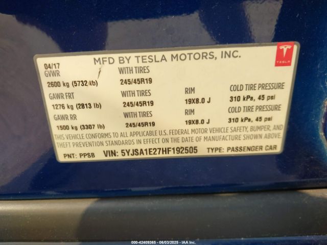 2017 TESLA MODEL S 5YJSA1E27HF192505 Photo 8