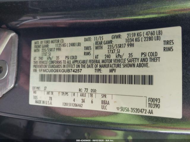 1FMCU0G9XGUB74257 Ford ESCAPE SE
