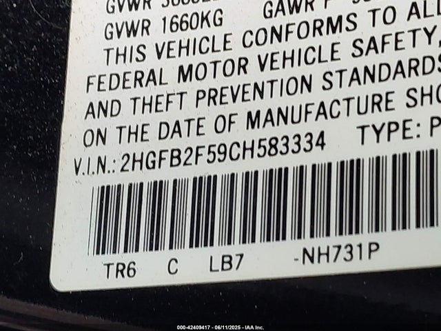 Продаж на аукціоні авто 2012 Honda Civic Lx, vin: 2HGFB2F59CH583334, номер лоту: 42409417