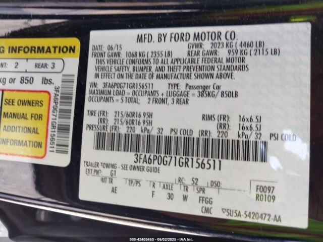 3FA6P0G71GR156511 Ford FUSION S