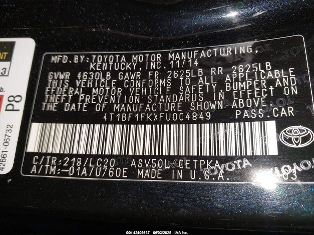 4T1BF1FKXFU004849 Toyota 2ar-fe