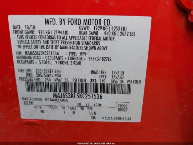 2019 FORD ECOSPORT MAJ6S3KL5KC251536 Photo 8