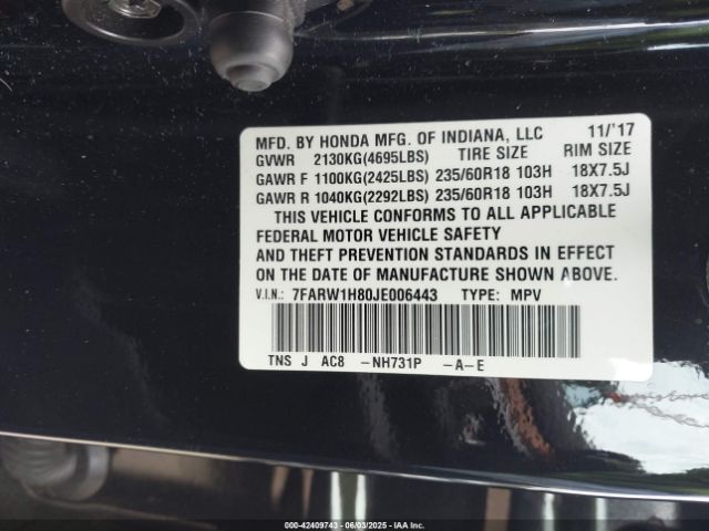 7FARW1H80JE006443 Honda Cr-v Ex-l/ex-l Navi