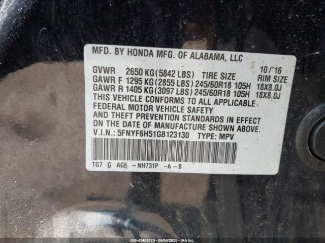 5FNYF6H51GB123130 Honda Pilot Ex-l