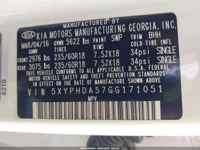 5XYPHDA57GG171051 KIA Sorento 3.3l Ex