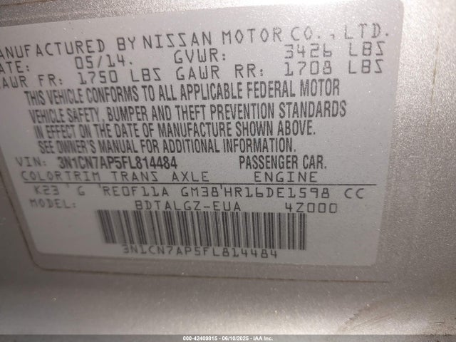 3N1CN7AP5FL814484 Nissan Versa 1.6 Sl