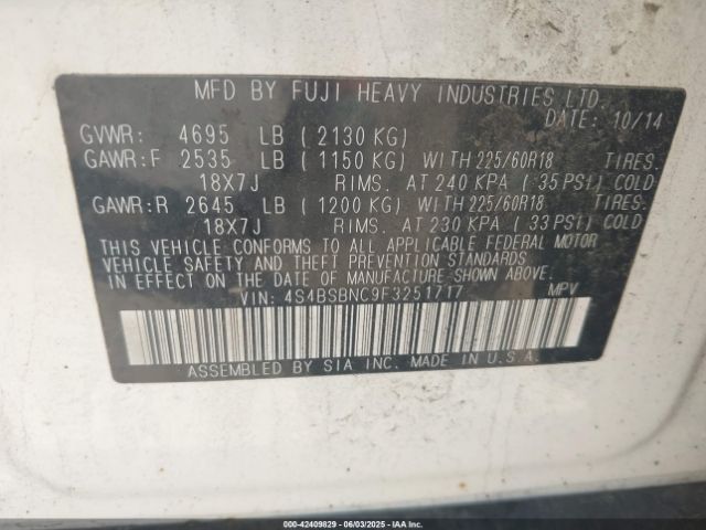 4S4BSBNC9F3251717 Subaru Outback 2.5i Limited