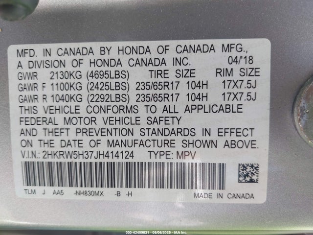 2HKRW5H37JH414124 Honda k24w9/k24v9