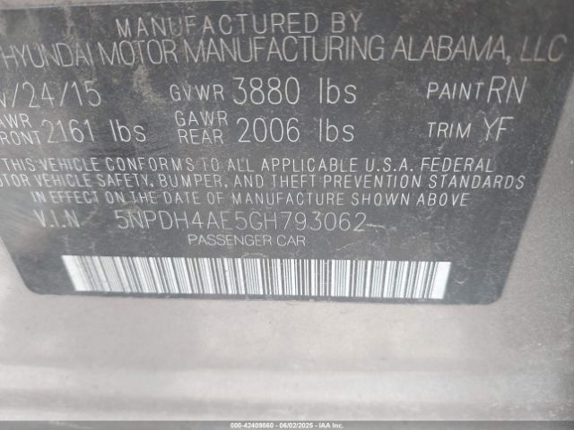 5NPDH4AE5GH793062 Hyundai ELANTRA SE