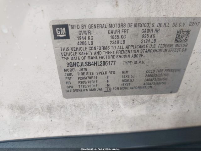 3GNCJLSB4HL206177 Chevrolet Trax Lt