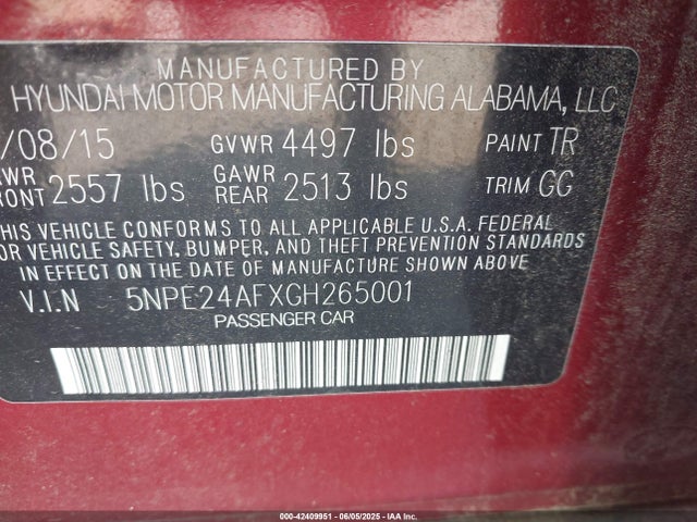 5NPE24AFXGH265001 Hyundai SONATA SE