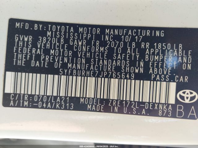2018 TOYOTA COROLLA 5YFBURHE7JP765649 Photo 8
