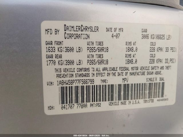 2007 CHRYSLER ASPEN 1A8HW58P77F566799 Photo 8