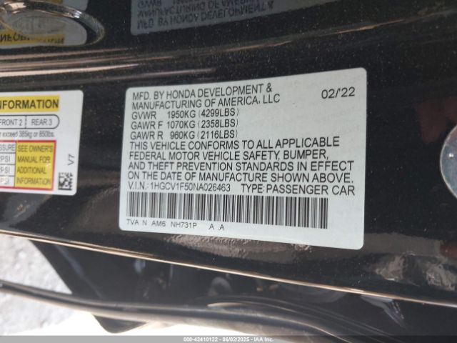 1HGCV1F50NA026463 Honda Accord Ex-l