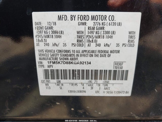 Ford EXPLORER XLT 2019 1FM5K7D88KGA92134 Image 9