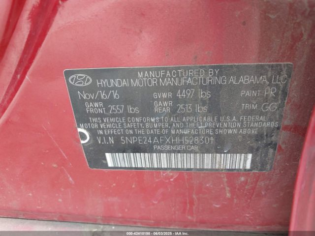 5NPE24AFXHH528301 Hyundai Sonata