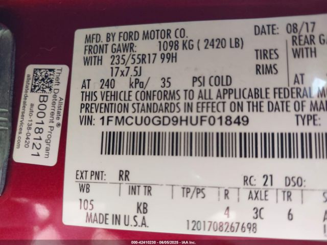 1FMCU0GD9HUF01849 Ford ESCAPE SE