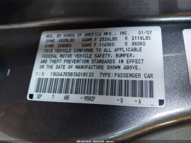 2007 ACURA TL 19UUA76587A018133 Photo 8