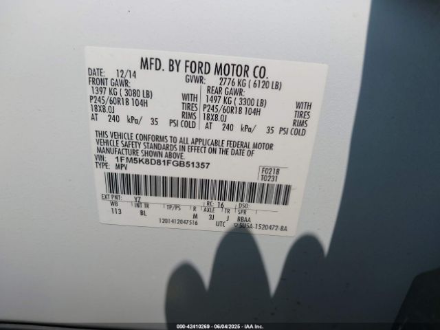 1FM5K8D81FGB51357 Ford EXPLORER XLT