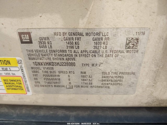 1GNKVHKD3HJ228080 Chevrolet llt - sidi: spark ignited direct injection, alum, 60 degrees