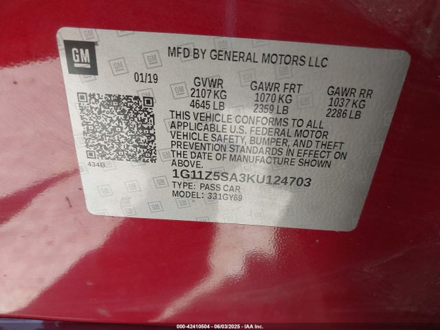 1G11Z5SA3KU124703 Chevrolet lcv - spark ignited direct injection, dcvcp, variable valve timing, e85 max, e0-e100, alum