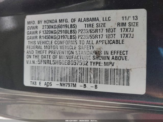 5FNRL5H68EB057592 Honda Odyssey Ex-l