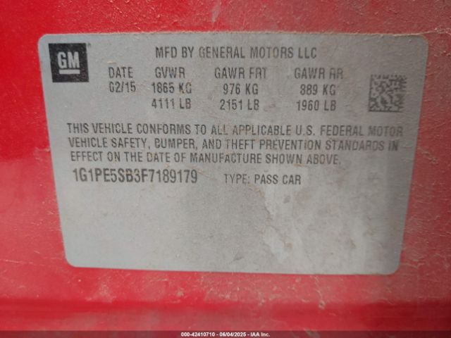 1G1PE5SB3F7189179 Chevrolet Cruze 2lt Auto