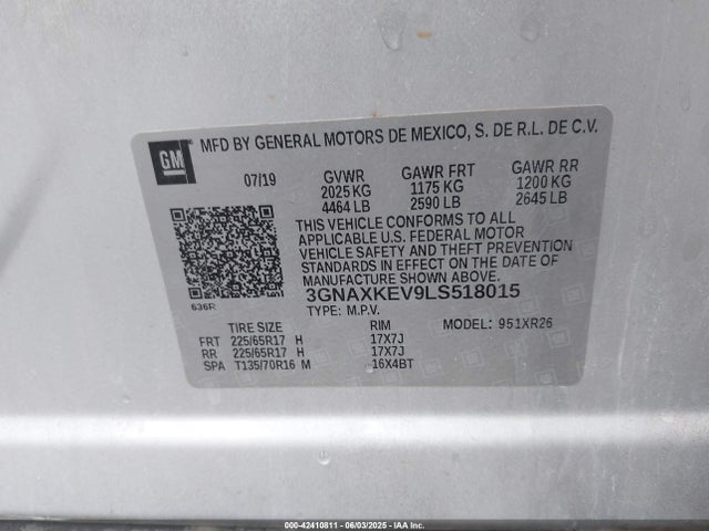 3GNAXKEV9LS518015 Chevrolet lyx - direct injection, vvt, fgt, turbo, alum, gen1