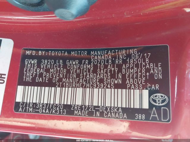 2T1BURHE7HC939245 Toyota 2zr-fe