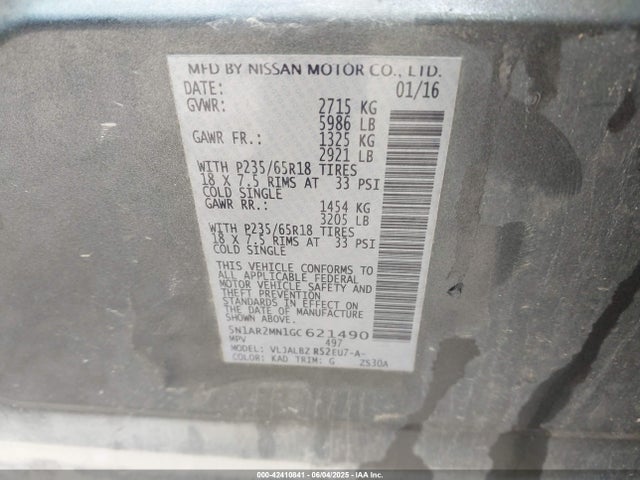5N1AR2MN1GC621490 Nissan Pathfinder S