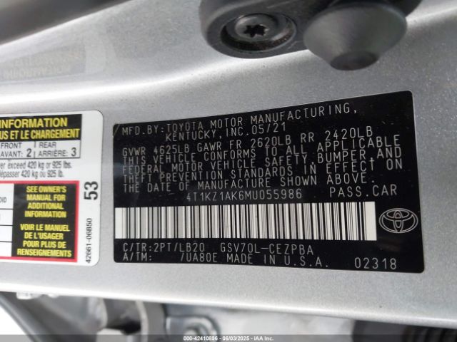 4T1KZ1AK6MU055986 Toyota 2gr-fks
