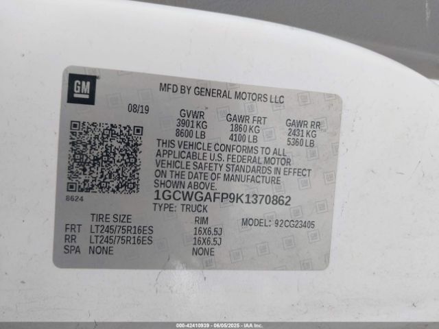1GCWGAFP9K1370862 Chevrolet Express 2500 Work Van
