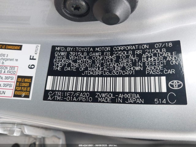 JTDKBRFU6J3070491 Toyota Prius One