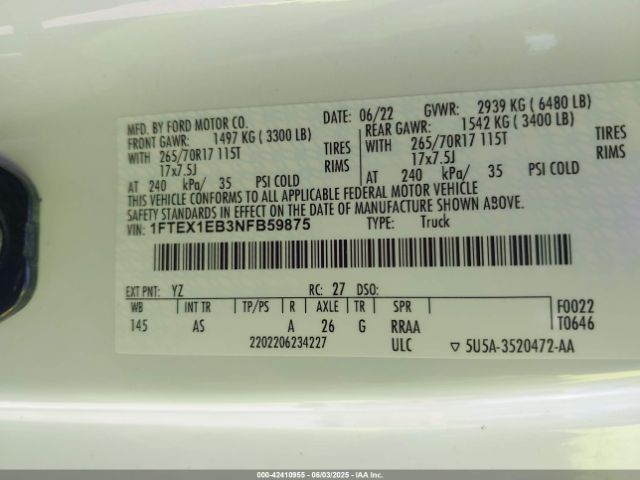 1FTEX1EB3NFB59875 Ford F-150 Xl