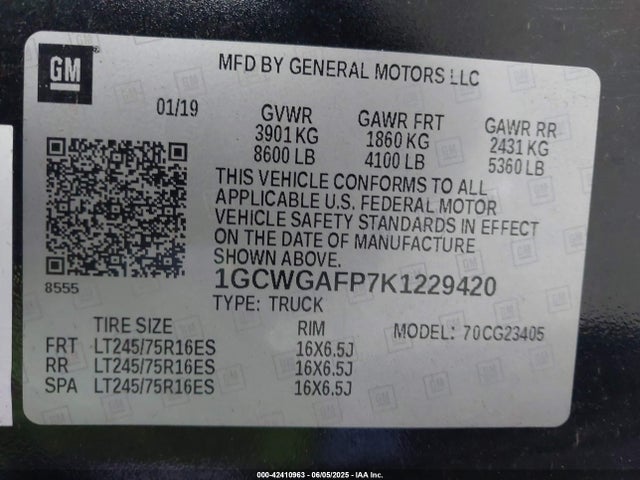 1GCWGAFP7K1229420 Chevrolet Express 2500 Work Van